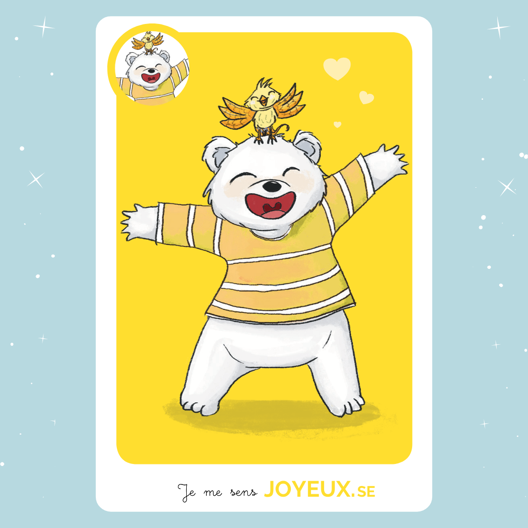 Carte ourson bras levés et grand sourire, émotion joie, jeu des émotions Mistizen