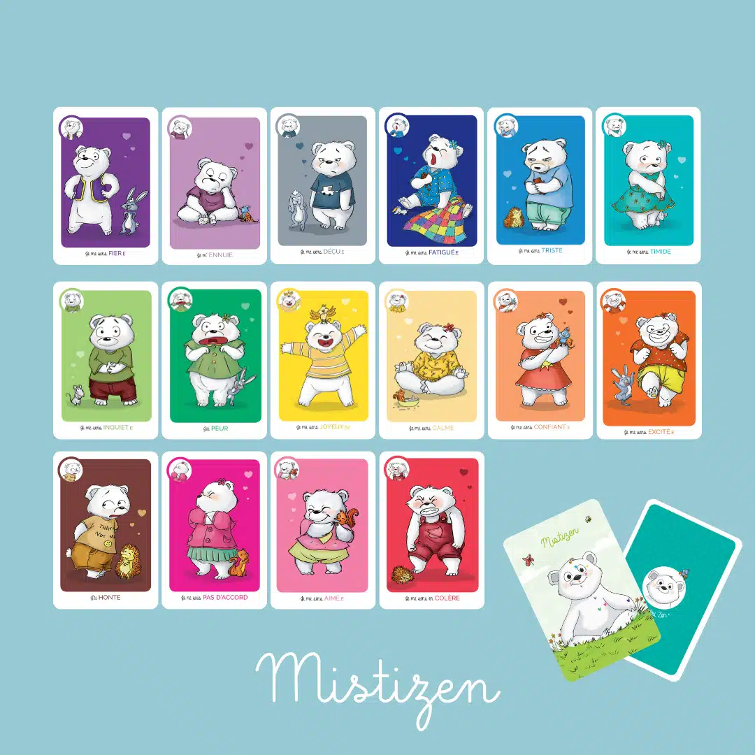 Ensemble des cartes du jeu des émotions Mistizen, un ourson par émotion