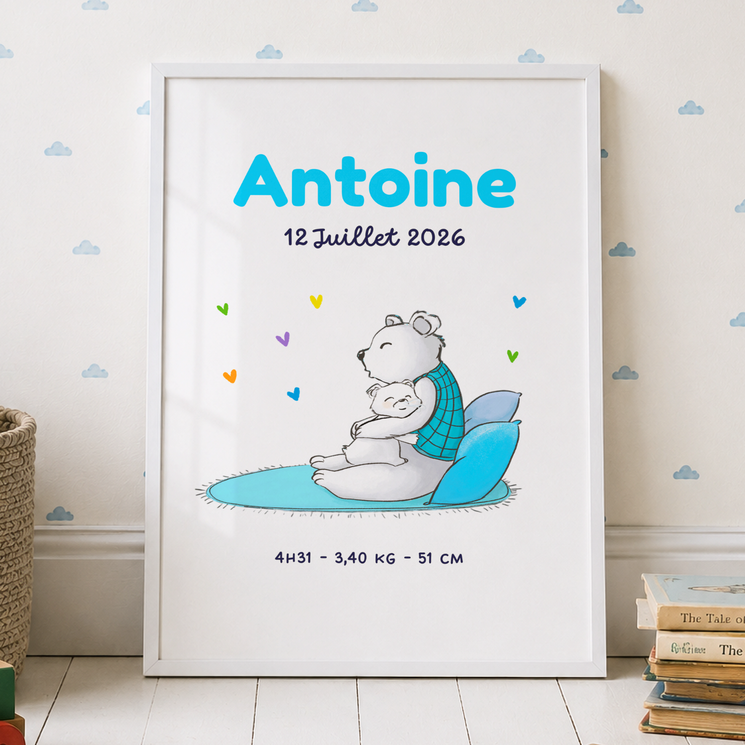 Affiche personnalisée naissance papa ours et bébé, encadrée dans une chambre d'enfant